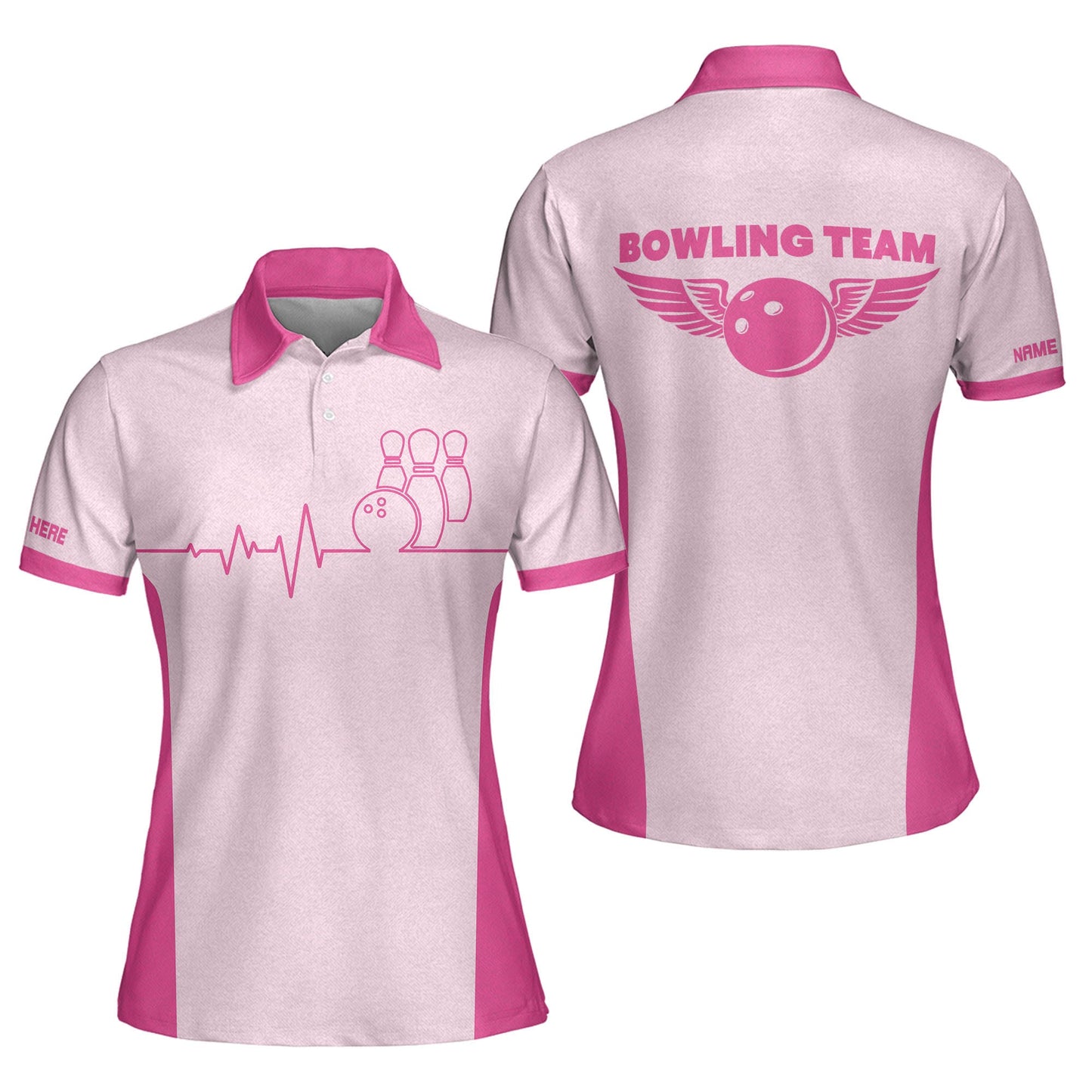 Custom Bowling Shirts For Women - 3D Retro Womens Bowling Shirts - Heartbeat Pulse Line Pink Bowling Shirts Funny - Bowling Polos BW0036