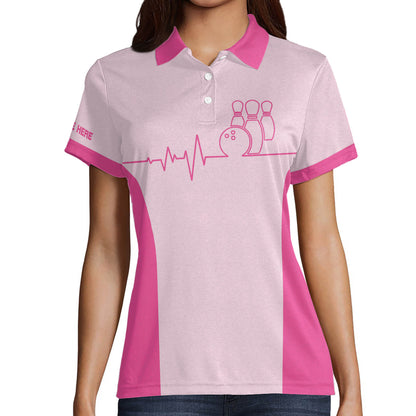 Custom Bowling Shirts For Women - 3D Retro Womens Bowling Shirts - Heartbeat Pulse Line Pink Bowling Shirts Funny - Bowling Polos BW0036