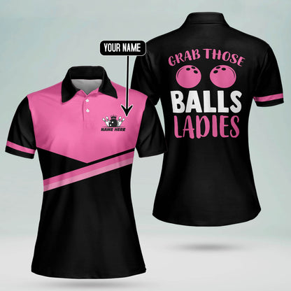 Custom Bowling Shirts For Women - Retro Womens Bowling Shirts - Customized Funny Bowling Shirt Women Vintage - Grab Those Balls Ladies Bowling Shirts BW0048
