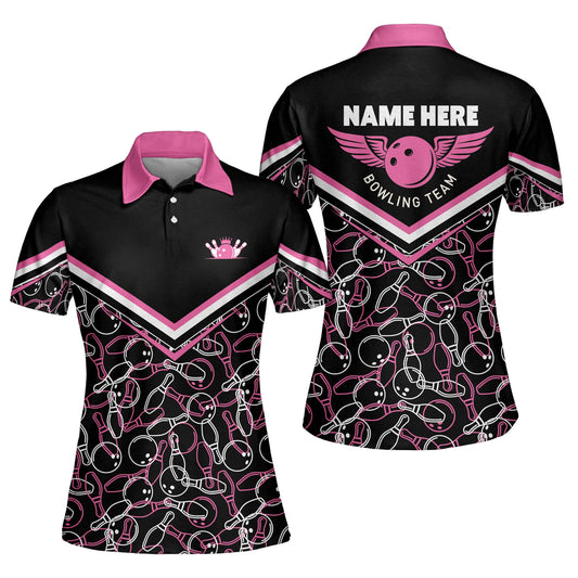 Custom Bowling Shirts For Women - Womens Funny Bowling Shirts - Bowling Team Shirts - Pink And Black Bowling Polo Shirt Pattern BW0040