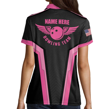 Custom Bowling Shirts For Women - Women's Funny Bowling Shirts With Name - Heartbeat Pulse Line Pink Bowling Shirts - American Flag Bowling Shirt BW0073