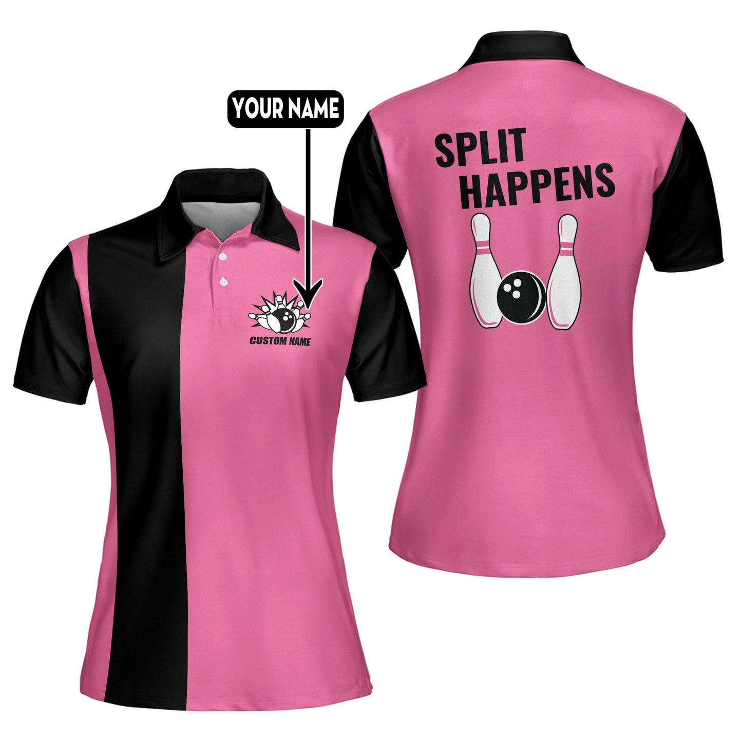 Custom Bowling Shirts For Women - Retro Womens Bowling Shirts - Pink Bowling Shirts Funny - Split Happens Custom Printed Bowling Shirts Ladies BW0054