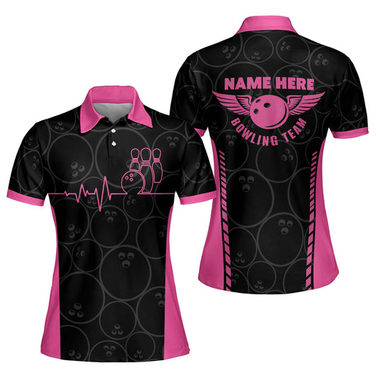 Custom Bowling Shirts For Women - Retro Womens Bowling Shirts - Funny Bowling Shirts - Bowling Team Shirts - Heartbeat Pulse Line Pink Bowling Shirts BW0057