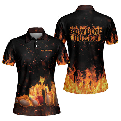 Custom Bowling Shirts For Women - Flame Bowling Shirt Ladies - Fire Bowling Polo Shirt - Bowling Queen Short Sleeve Polo Shirts BW0032