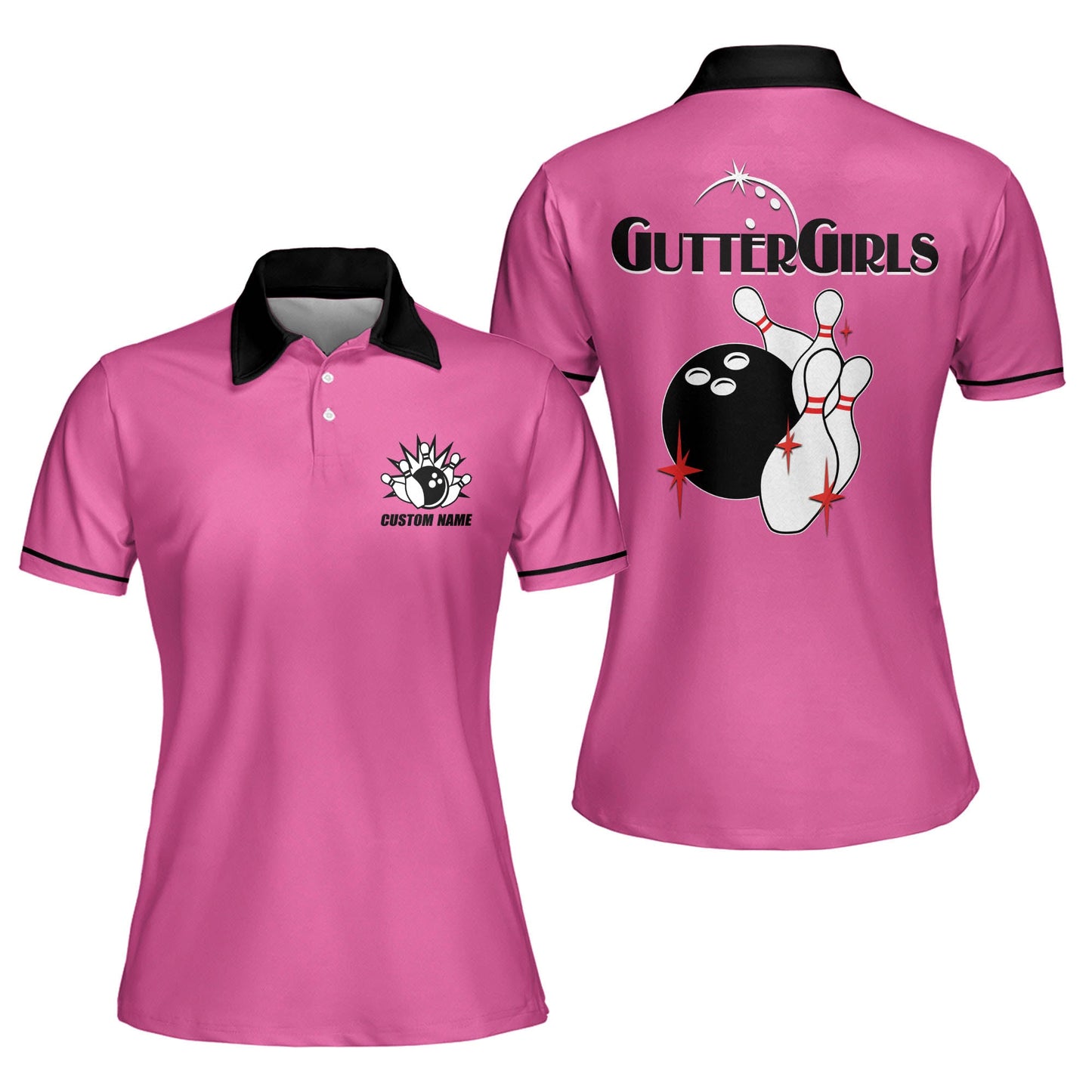 Custom Bowling Shirts For Women - Retro Womens Bowling Shirts - Funny Bowling Shirts For Women - Gutter Girls Pink Bowling Polo Shirts BW0068