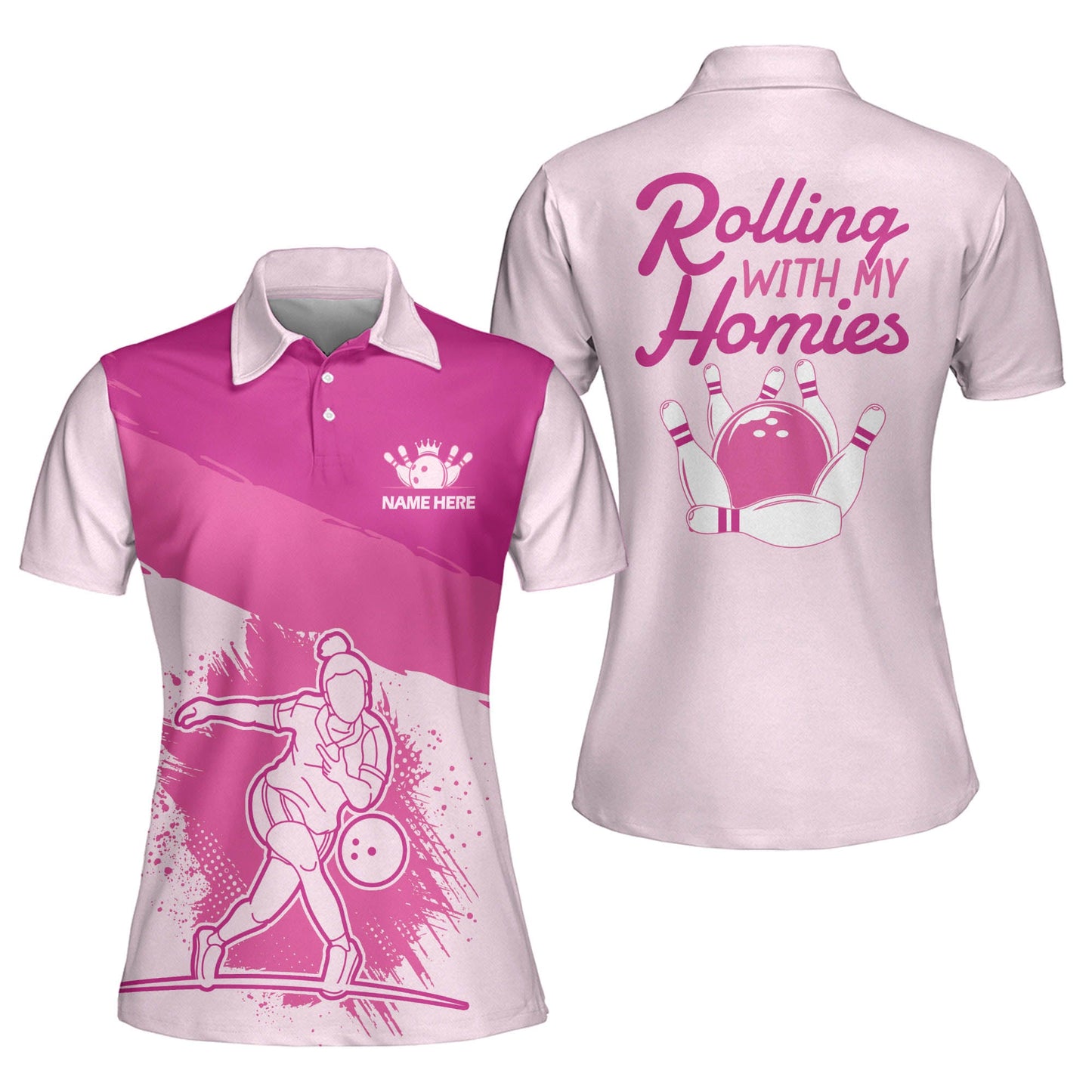 Custom Bowling Shirts For Women - Womens Bowling Shirts Funny - Customize Women's Pink Bowling Shirts - Rolling With My Homies Bowling Shirts BW0072