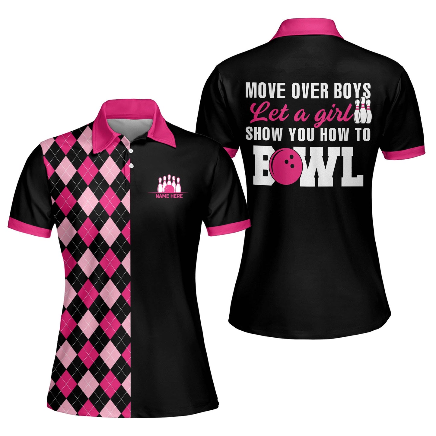 Custom Bowling Shirts For Women - Retro Womens Bowling Shirts - Funny Bowling Shirt Pattern Designs - Pink And Black Bowling Polo Shirts BW0067