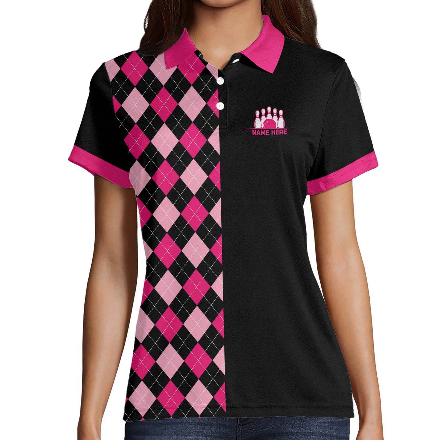 Custom Bowling Shirts For Women - Retro Womens Bowling Shirts - Funny Bowling Shirt Pattern Designs - Pink And Black Bowling Polo Shirts BW0067