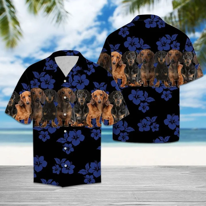 Dachshund Dogs With Blue Hibiscus In Black Hawaiian Shirt for men and women, Gift for dog lovers HO1665