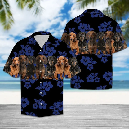 Dachshund Dogs With Blue Hibiscus In Black Hawaiian Shirt for men and women, Gift for dog lovers HO1665