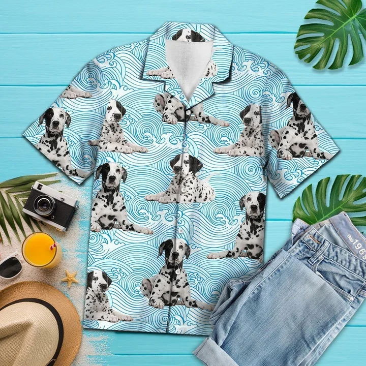 Dalmatian Lying Down On Blue Waves Pattern Hawaiian Shirt HO1870