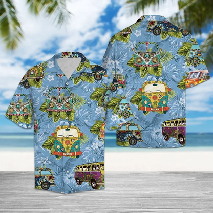 Deluxe Tropical Hippie Bus Mix Blue Theme Hawaiian Shirt HO2138