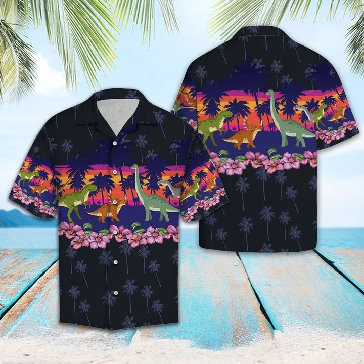 Dinosaur Border Chest Print Black Theme Hawaiian Shirt HO2105