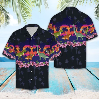 Dinosaur Border Chest Print Black Theme Hawaiian Shirt HO2105