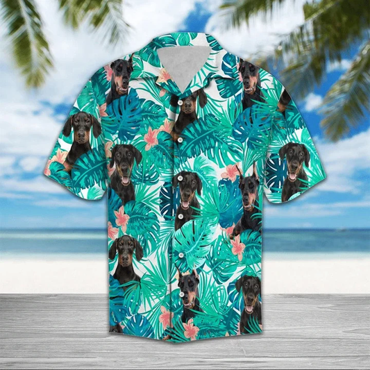 Doberman Hiding Behind Tropical Leave Hawaiian Shirt HO2387