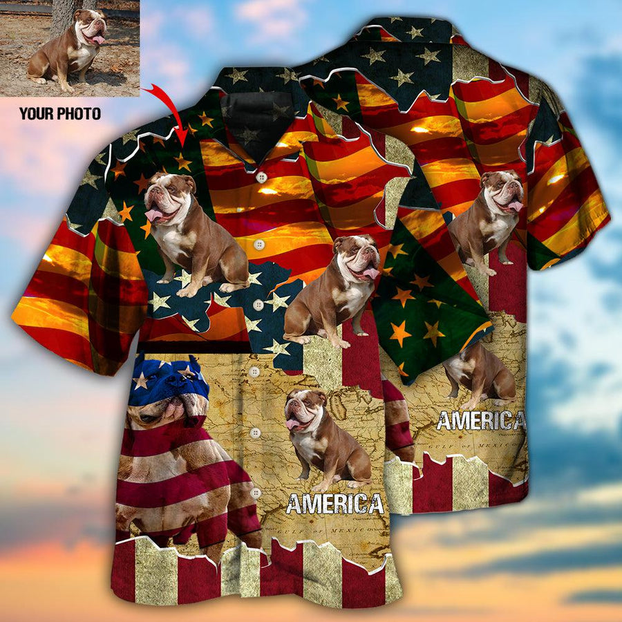 English Bulldog America Sunset Custom Photo Hawaiian Shirt, Gift for Dog Lover, Flag Shirt HO4252