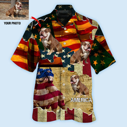 English Bulldog America Sunset Custom Photo Hawaiian Shirt, Gift for Dog Lover, Flag Shirt HO4252