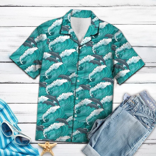 Enticing Dolphin Jumping On Huge Waves Pattern Hawaiian Shirt HO2110