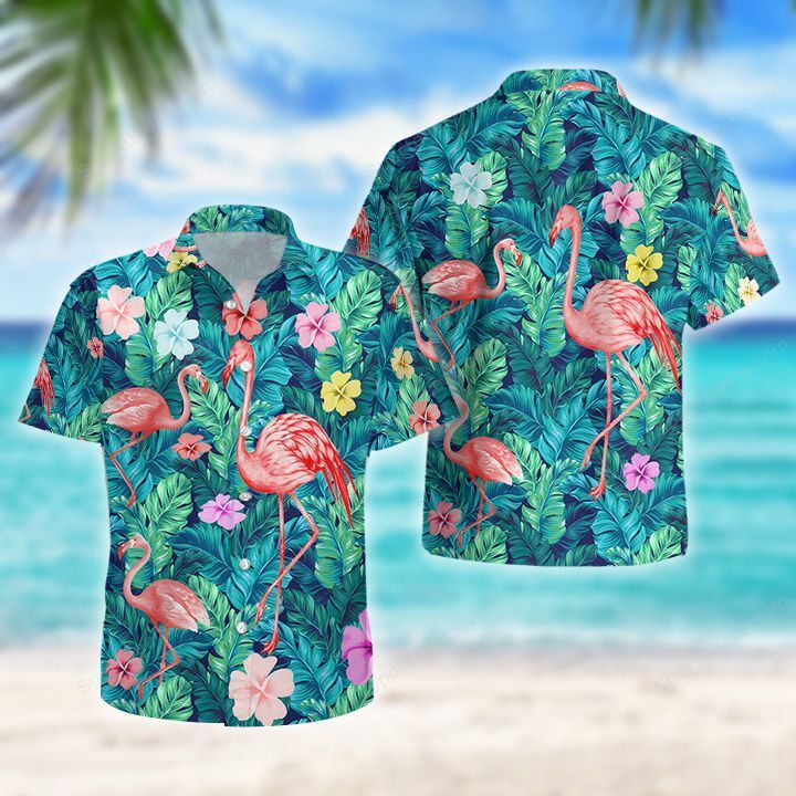 Flamingo - Green Tropical Hawaiian Shirt, Summer gift, Hawaiian Shirts for Men, Aloha Beach Shirt HO1015
