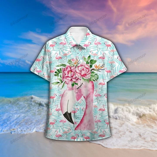 Flamingo On Ice Blue Pattern Hawaii Shirt, Summer aloha shirt, Gift for summer HO0791