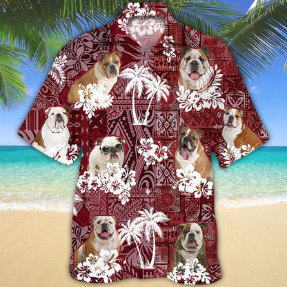 English BullDog Hawaiian Shirt, Cool Hawaiian Shirt With Dog Red Tribal Pattern HO5187