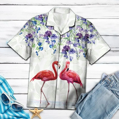 Flamingo Couple Love Flower Garden Pattern Hawaiian Shirt HO1940