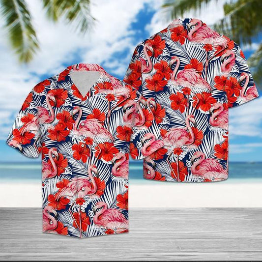 Flamingo Hibiscus Flower Colorful Floral Hawaiian Shirts, Aloha Shirt For Men women, Funny Flamingo Beach Shirt HO2207