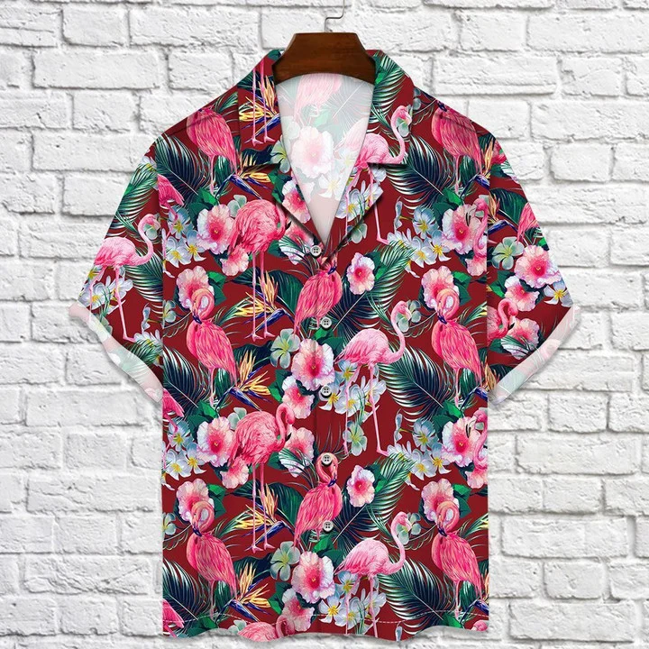 Flamingo Rain Forest Jungle Red Palm Leaves Pattern Hawaiian Shirt HO2191