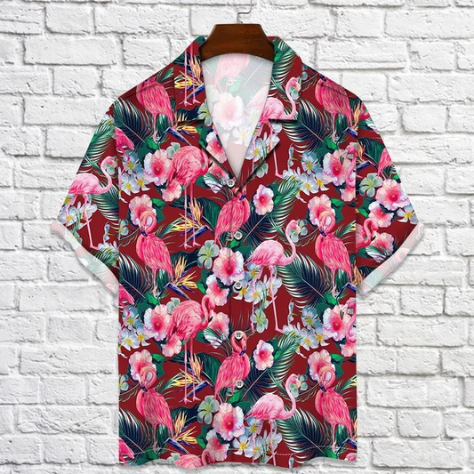Flamingo Rain Forest Jungle Red Palm Leaves Pattern Hawaiian Shirt HO2191
