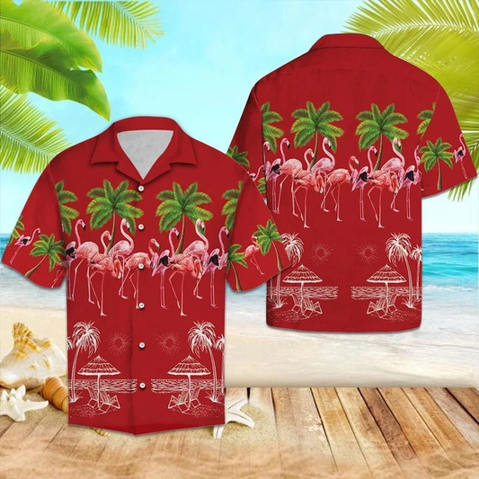 Flamingo Summer With Palm Trees In Red Hawaiian Shirt HO1752