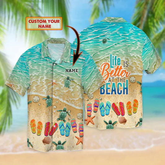 Flip Flop And Beach hawaii shirt - Personalized Name 3D Hawaiian HO3238