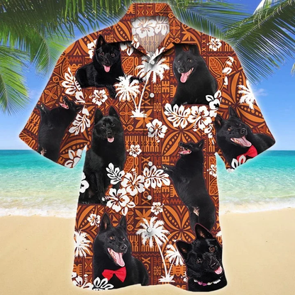 Funny Black Schipperke Dog On Red Tribal Pattern Hawaiian Shirt HO2382