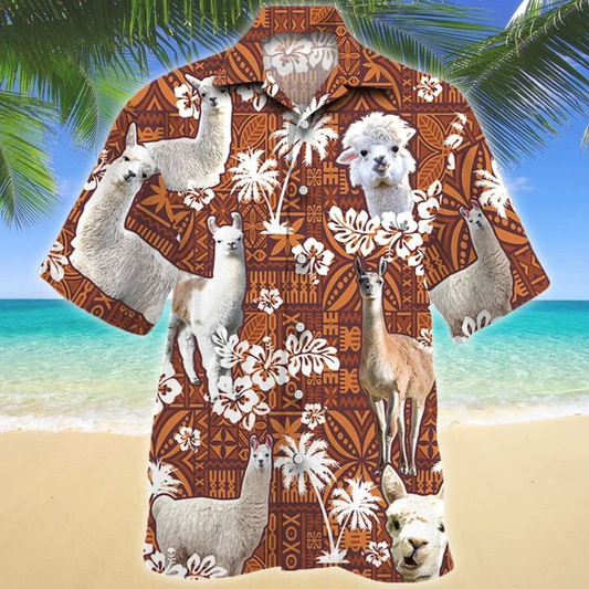 Llama And White Hibiscus On Brown Tribal Hawaiian Shirt, Short Sleeve Hawaiian Aloha Shirt for men HO1843
