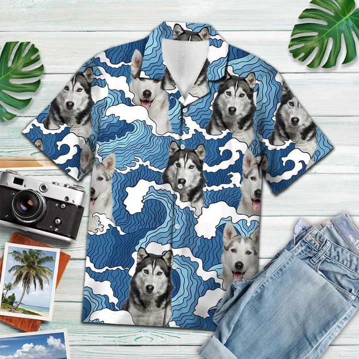Funny Siberian Husky Portrait On Ocean Wave Pattern Hawaiian Shirt HO1658
