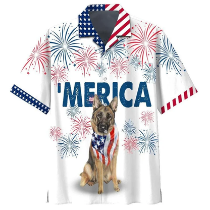 German Shepherd American Flag Red And White Firework Hawaiian Shirt HO1903