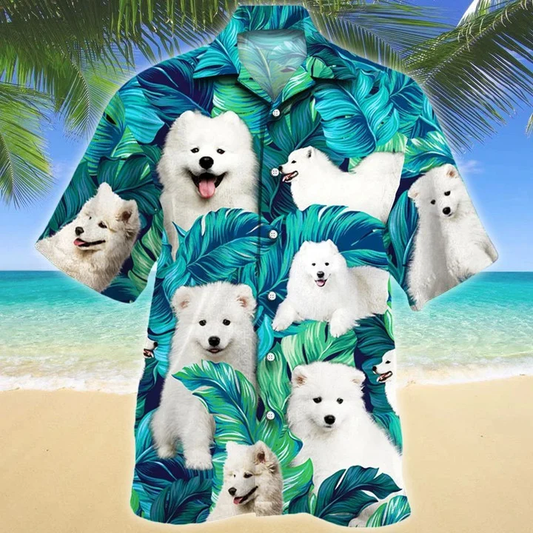 Gift For Kawaii Samoyed Dog Lovers Summer Beach Palm Tree Pattern Hawaiian Shirt HO1984