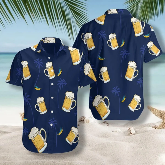Glass Of Beer Cheers Palms At Night Design Hawaiian Shirt HO0768