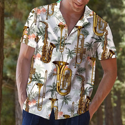 Golden Saxophone With Palm Trees In White Hawaiian Shirt HO2104