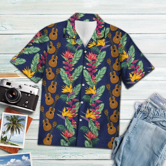 Golden Ukulele With Paradise Flowers And Leaves Hawaiian Shirt HO1909