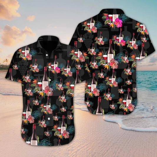Grape Wine Bottle With Flower Tropical Jungle Pattern Hawaiian Shirt HO0769