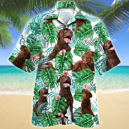Green And White Theme Chesapeake Bay Retriever Dog Tropical Plant Hawaiian Shirt HO1647