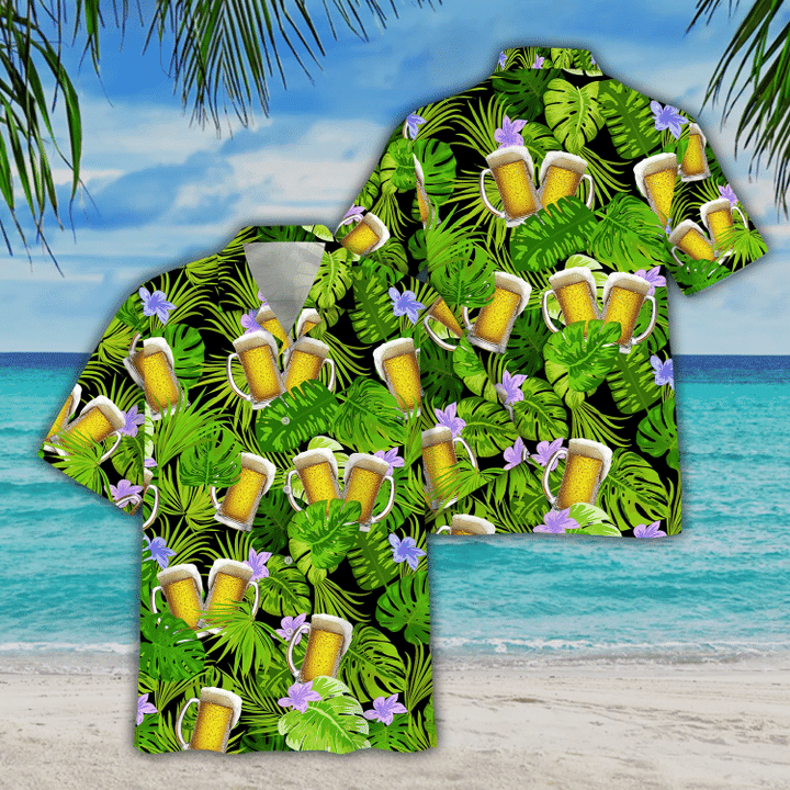 Green Palm Leave And Beer Watercolor Design Hawaiian Shirt HO1751
