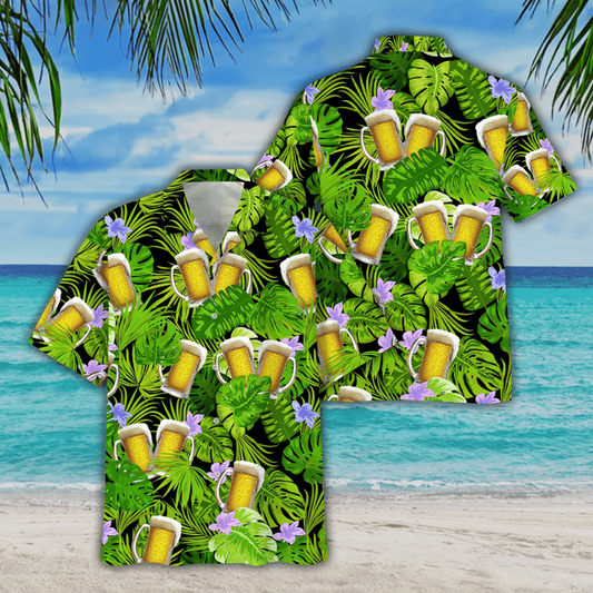 Green Palm Leave And Beer Watercolor Design Hawaiian Shirt HO1751