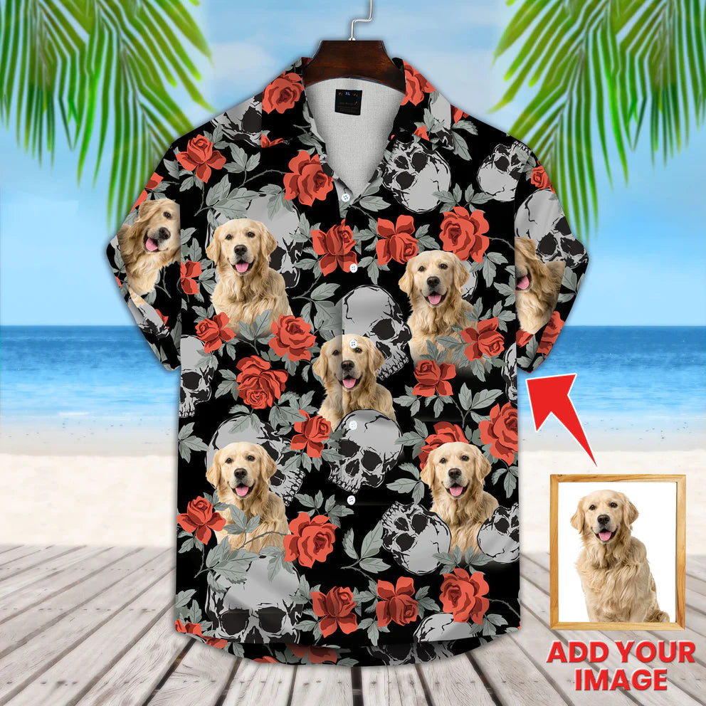 Turquoise And Blue Tropical Leaves Pattern Short-Sleeve Hawaiian Shirt, Custom Dog hawaii shirt, Summer gifts HO0503