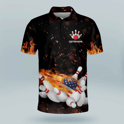 Custom Bowling Shirts For Men - Custom Funny Bowling Shirts - Flame Bowling Shirt For Men - American Flag Short Sleeve Bowling Polo Shirts Mens BM0002