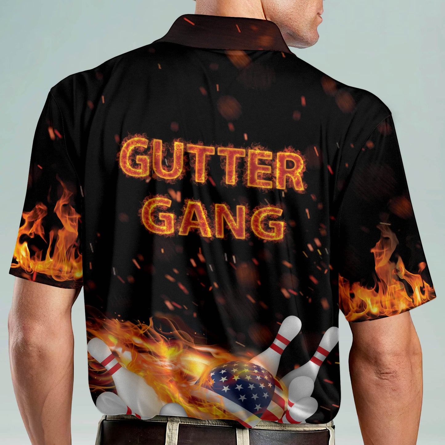 Custom Bowling Shirts For Men - Custom Funny Bowling Shirts - Flame Bowling Shirt For Men - American Flag Short Sleeve Bowling Polo Shirts Mens BM0002