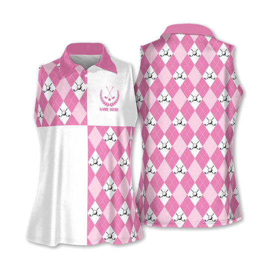 Argyle Pattern Ladies Pink Golf Polo Shirt Sleeveless GW0045