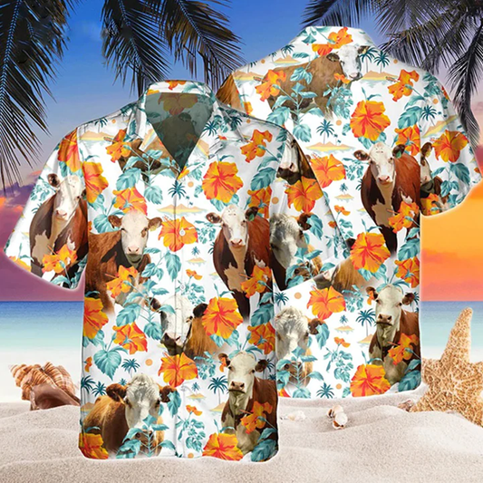 Hereford Bright Hibiscus Flowers Hawaiian Shirt, Cow Hawaii shirts men, Flowers Aloha Shirt For cow Lovers HO2223