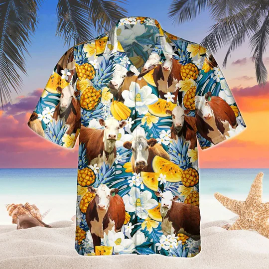 Hereford Floral Hawaiian Shirt, Beach Shirt For Farm Animal Lovers HO1435