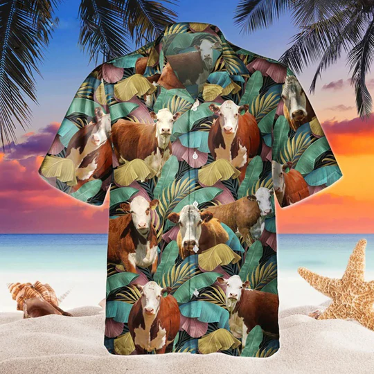 Hereford Floral Hawaiian Shirt, Beach Shirt For Farm Animal Lovers HO1435